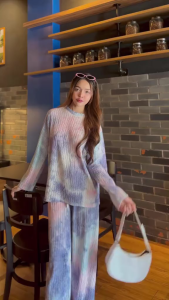 ชุดเซ็ท 2 ชิ้น ชุดเซ็ทผู้หญิง ผ้าอัดพลีทลายมัดย้อม เสื้อแขนยาว กางเกงขายาว ผ้าย่นเปลือกไม้ ผ้านิ่มใส่สบาย ทรงหลวม TZ9987