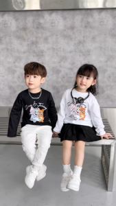 Áo thun cotton tay dài họa tiết mèo và chuột dễ thương cho bé trai bé gái 1đến 7 tuổi BERNIE 0524A37