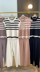 SET7292 Friday Half Striped Top n Pants Set