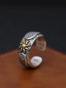 Cincin Pria Sunflower Wings / Sayap Bunga Matahari Gaya Retro Model Terbuka
