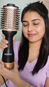 AGARO HV2179 1200 Watts Professional Volumizer Hair Dryer 24K Gold Styling Surface Activated Charcoal Bristles Ceramic Tourmaline Coating Brush Head One Step Styler Hot Air Blow Brush for Women