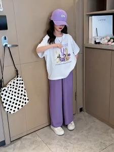 New 2pcs Terno for Kids Girls Wide Leg Terno Pants and Short Sleeves Top for Kids Summer Leisure Sports Suit 6-16 Years Old Teen Purple Pants