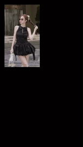 TW20925 เดรสสั้นแขนกุดเว้าอก กระโปรงบอลลูน ..