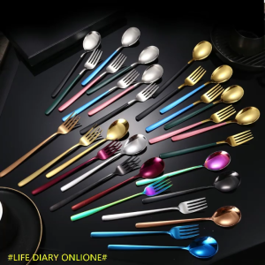 Creative 2IN1 Spoon Fork Korean Metal Cutlery Set Kitchen Utensils Stainless Steel 304 w/Pouch Handle Titanium Plated Color Stirring Digging Ice Spoon Portable Travel Eco-Friendly Dinnerware Tableware Flatware Dining Set
