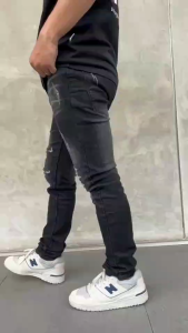 Celana Jeans Panjang Pria Black Letro Whisker Lutut Sobek Slimfit Stretch Korean Style Series
