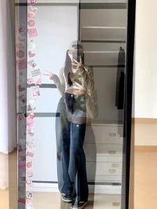 GHAOHES กางเกงยีนส์ S-4XL สีน้ำเงินเข้ม เอวสูง กระชับหน้าท้อง ลมเกาหลี ขากระบอก กางเกงขากว้าง ดูผอม(V58)