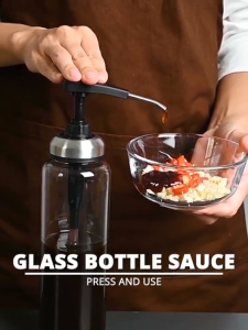 Borosilicate Glass Condiments Dispenser Pump Style - Leakproof Heat Resistant Kitchen Seasoning & Sauce Bottle