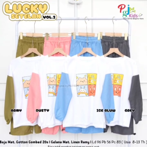 COD Setelan Atasan Kaos Motif Kartun Dan Celana Panjang Polos Anak Perempuan 8-13T Luckyy Vol2 Set