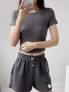 Áo thun ngắn tay cổ tròn hở rốn cho nữ mùa hè mới lưng cao ôm dáng Áo ngắn phong cách Âu Mỹ cho các cô nàng