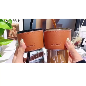 Cốc thủy tinh Gorgous có nắp ống hút và bao da đi kèm 400ml có 5màu-NIEVE