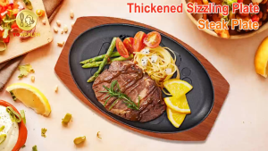 [Free Gift]Sizzling Plate w/ Wooden Base Grill Plate Steak Plate Non Stick Cast Iron Kitchen Cooking Tools Cookware Roasting Grilling Oval Shape Tray For Frying Steak，Eggs，Rice.