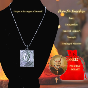 Padre Pio Necklace Silver with Rosary and Pouch