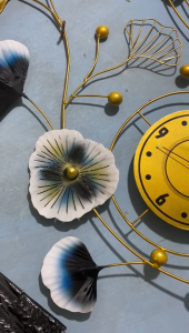 Walldecor Berkah Hiasan Dinding Jam 100x50 Daun Emas Bunga Leaf Gingko Dekorasi Gantung Modern