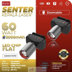 AOKI SENTER KEPALA LED ZOOM AK-3685A 60W Pro 1000 Lumen / CAHAYA SUPER TERANG / JARAK JAUH LASER / AOKI HEAD LAMP