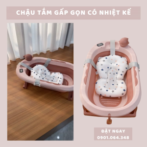 Chậu tắm có nhiệt kế cho bé gấp gọn kèm phao màu hồng 9BABY mẫu mới