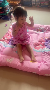 ที่นอนเด็กอนุบาล ที่นอนเด็ก(รุ่นหนาพิเศษใย2ชั้น)มีสายสะพายแปะติดตีนตุ๊กแก+หมอนในตัว