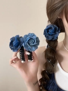 Hot Girls blue denim flower hairband ponytail hair accessories Telephone line hair rope