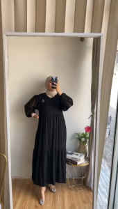 Midi dress hitam etnika polos lengan motif jumbo