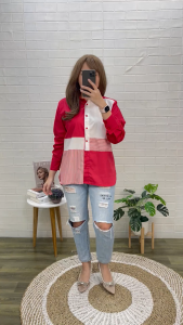 NANDO ATASAN KEMEJA WANITA TERBARU MERAH PUTIH IMPORT BKK BAHAN KATUN POPLIN LENGA PANJANG