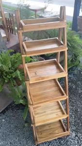 ชั้นไม้สักแท้ สีโอ๊ค สีธรรมขาติ 100 cm พับได้  6 ชั้น   ชั้นวางต้นไม้  โชว์สินค้า วางขนม วางเครื่องสำอาง