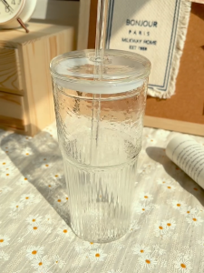 Crystal House Borosilicate Glass Lid Drinking Cup with Straw Heat Resistant Textured Glassware Transparent Mug For Juice