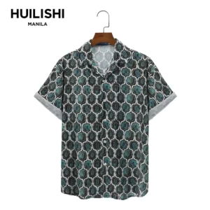 HUILISHI Cuban Collar Men's Casual Fashion Printed Resort Style Short-Sleeved Shirt