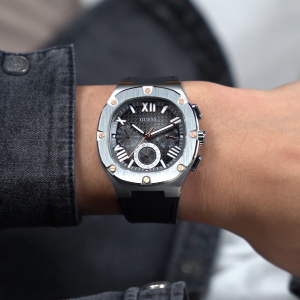 [Promo] Jam Tangan Pria Guess GW0571G1 Headline Black Silver Tone Multi-function Rubber Strap Original Garansi 2 Tahun [✔COD][100% Authentic] [COD]