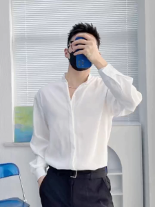 HUILISHI Korean Mens Solid Color Chinese Style Stand-up Collar Concealed Placket Button Long Sleeve Elegant Silk Casual Commuter Shirt