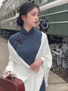 daidai (Ready Stock) Women Flower Navy Blue Long Blue Chinese Cheongsam Ancient Law Qipao Georgette 高级感曳地长款乔纱古法旗袍新款传统连肩袖