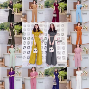 B17597 Set 2 ชิ้น เซตขายาว คอปกเสื้อแขนพอง ช่วงเอวสม๊อคข้าง มาพร้อมกางเกงขายาว Set 2 pcs. Long leg set with collar and inflatable sleeves. The waistba