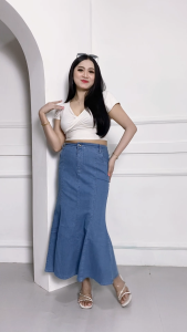 PS88 Mermaid Skirt: Rok Duyung Wanita Casual Jeans Kancing Karet