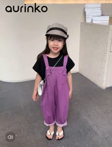 Style Terbaru Setelan Anak Perempuan Setelan Overall Warna hitam lengan pendek+ungu Celena Kaki lebar Panjang Jeans