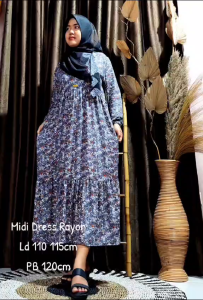 Gaun Midi Rayon Print Floral Nyaman Poliester Plus Size