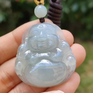Premium Quality with good density and light green bluish hue Natural Type A Jadeite Pendant Necklace crafted with Laughing Buddha certificate included weigh 17.14 grams 36.7 * 34.2 * 8.7 mm a good collection or for your daily wear (pendant32)