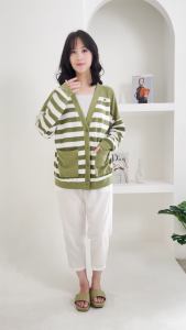 QUEENTIN Cardigan Wanita Casual 0622 Stretch Caramel Knit Motif Salur Lengan Panjang
