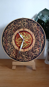 Jam Dinding Kaligrafi Alfatihah Ayat kursi Al-Kafirun Al-ikhlas Motif kayu Aesthetic