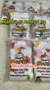 Sét 5 Chiếc khăn sữa cho bé sơ sinh vải xô Muslin Organic cao cấp Manny 6 Lớp cho bé nhiều họa tiết xinh xắn 30x30cm