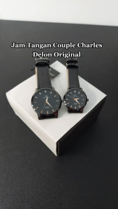 JAM TANGAN COUPLE PASANGAN CHARLES DELON ORIGINAL TALI KULIT TAHAN AIR FREE BOX FREE BATERAI CADANGAN ANALOG QUARTZ