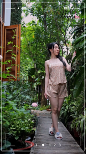 Đồ bộ mặc nhà WANNABE BSS95 bộ đùi nữ quần sọt mặc với áo 2 dây lụa mango mềm mịn dạng ống ngang viền ren đơn giản dễ thương