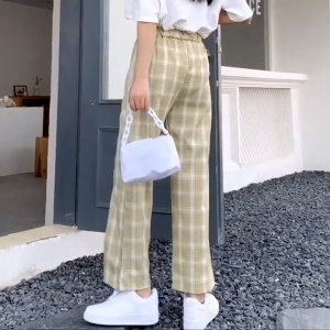 7 Celana Kotak-kotak Pinggang Tinggi Longgar Celana Lebar Kaki Wanita Korea Ukuran Plus Celana Fashion Retro Kasual