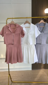 SET7303 Zipped Top w/ JK Pleats Skort Set
