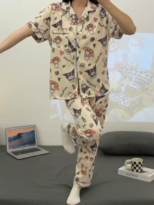 Y&L Fashion #B014 Cartoon Printed Polyester Fabric Short Sleeve Pants 2in1 Pajama Set