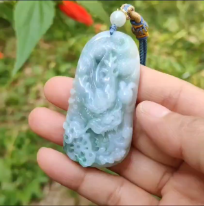 Blueish Green Natural Type A Jadeite Pendant Necklace crafted with Dragon and Fengshui Wheel with QIC approved certificate weigh 39.57 grams 58 * 29.8 * 12.6 mm suitable for daily wear (pendant61)