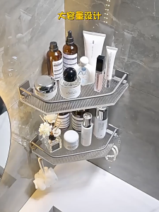 Acrylic Bathroom Organizer Shelf Rack No Drill Wall Shelf Wall-mounted Bathroom Triangle Storage Rack Corner Storage with Hook Toilet Rack