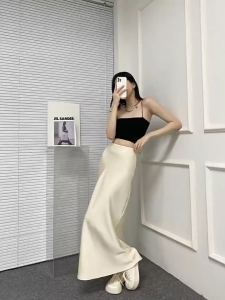 Rok Satin Tebal Rok Ramping Pinggang Tinggi Baru Rok A-Line Ramping Warna Polos Panjang Menengah