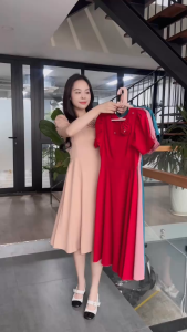 Đầm xòe trơn cổ tròn đính hoa lá kết ngọc tay phồng Misa - MS0329 (Hình thật shop chụp)