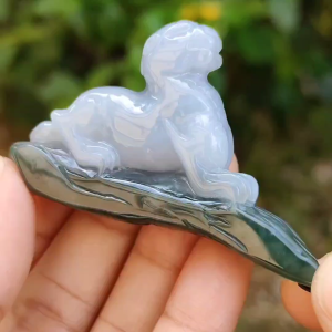 Lavender and Green Natural Type A Jadeite Handheld Piece crafted with Pixiu meaning rich happiness and good luck with certificate weight 29.97 grams 61.30 * 10.70 * 34.60 mm also suitable for display anywhere at home car or office (hand1)