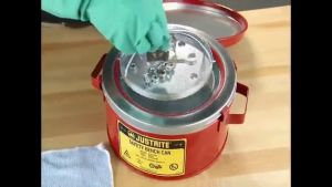 Justrite High-Quality Safety Bench Can with Perforated Dasher Plate 1 Gallon Fire-Resistant & Safety-Armed Metal