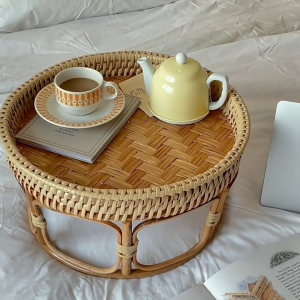 Round Rattan Coffee Table Bohemian Hand Woven Side Table Tray Top Center Table Rattan Dining Table Natural Rattan