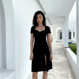 เดรสแขนสั้น ไตล์เกาหลี ผ่าข้าง Hepburn กระโปรงทรงเข้ารูป No.619